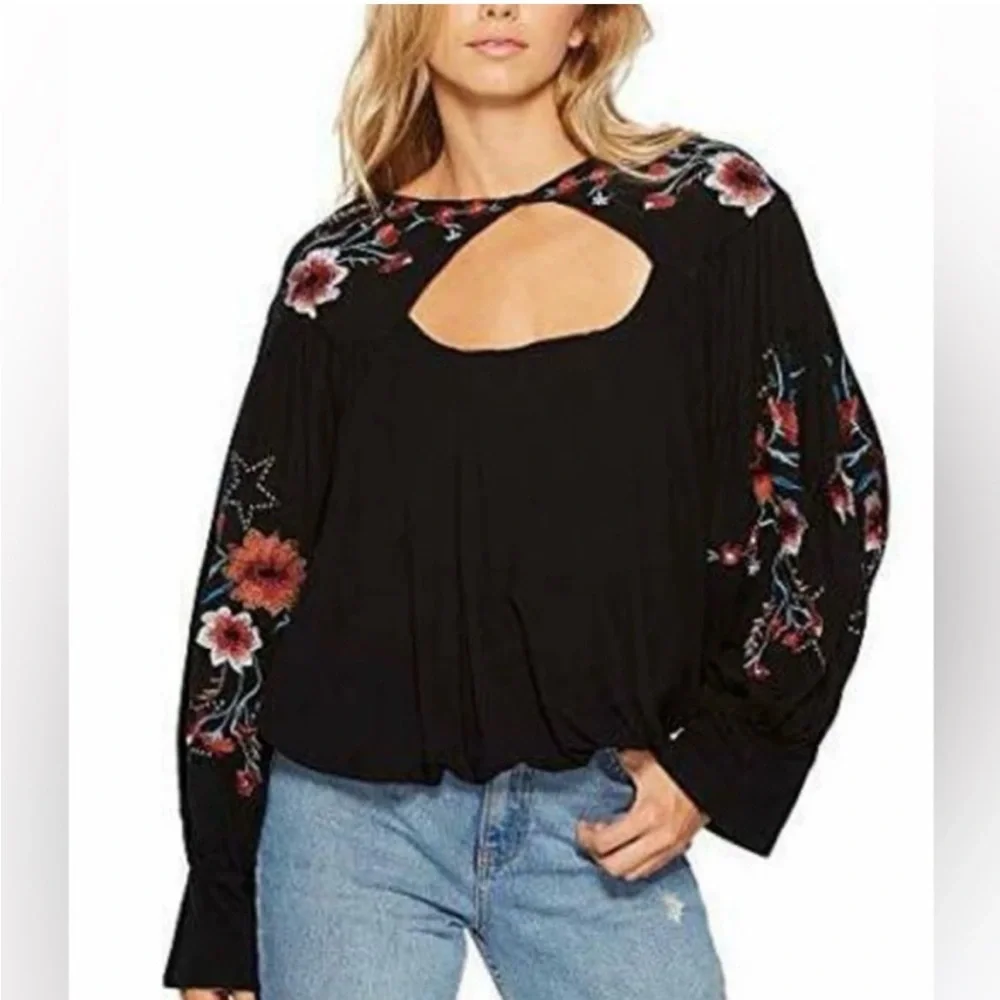 Free People Lita Embroidered Cutout Boho Blouse Black Large top long sleeve - Picture 1 of 9